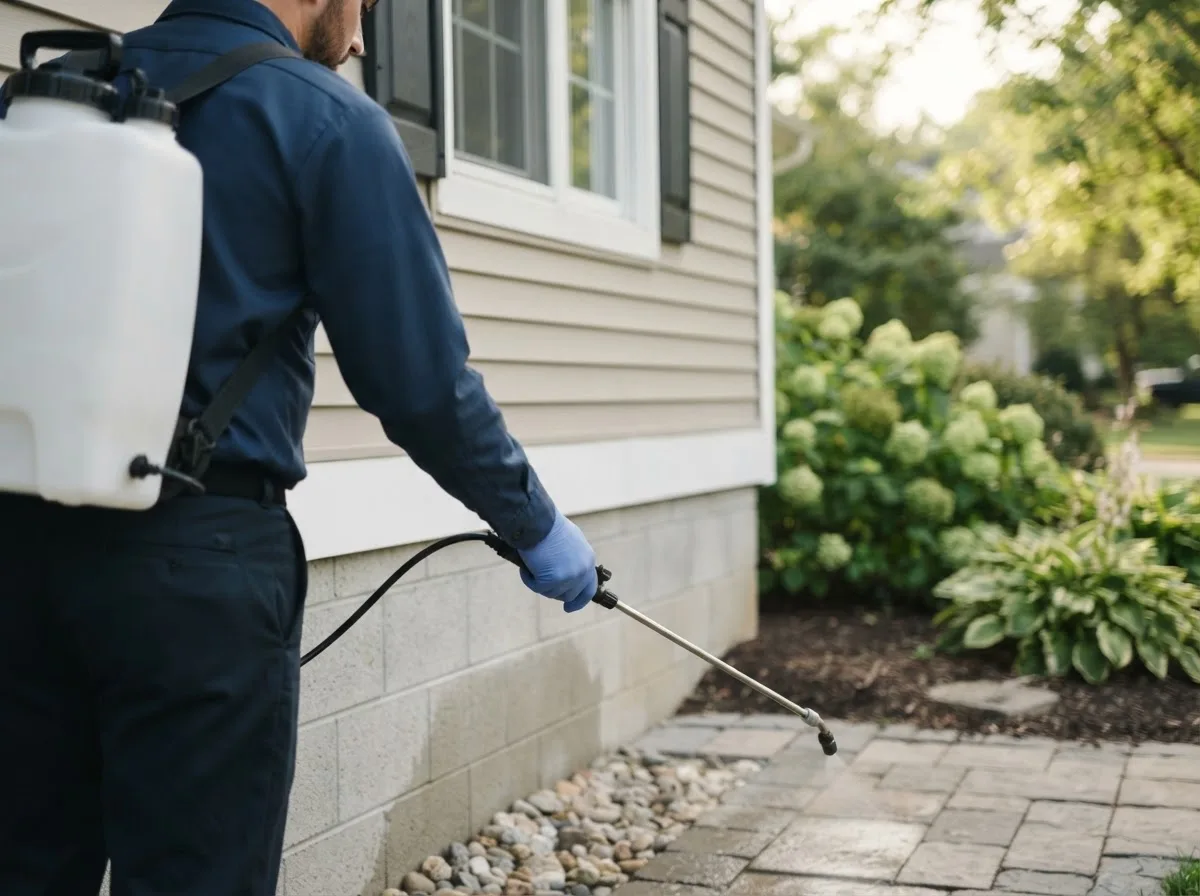 Pest control technician inspecting a home in Ashford, WV